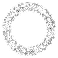 Floral Wreath branch. Floral round black and white frame of twigs, leaves and flowers. for the Valentine's day, wedding decor, wedding invitation, branding, boutique logo label. round frame of flowers vector