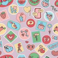 seamless pattern Patches, pins, stamps or Stickers.  Funny cute  comic Characters.  love, valentenes day background.  Cartoon style.  Abstract square seamless Pattern