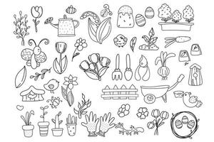 Spring Easter doodle collection with cute birds, flowers, garden objects, handicrafts. Easter spring set. vector