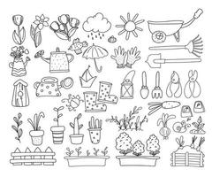 juego de jardinería y primavera, elementos dibujados a mano: flores, casas, pájaros. jardineros y equipo agrícola conjunto de objetos. vector