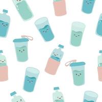 de patrones sin fisuras con lindas botellas y vasos divertidos felices. agua de carácter kawaii de dibujos animados vectoriales. beber más agua cada día. vector
