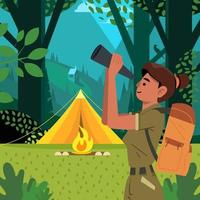 Girlscout With Her Binoculars Outside Tent Concept vector