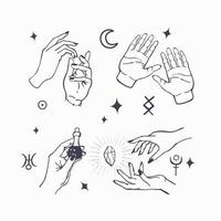 Hand drawn collection of female witches hands in different poses. vector