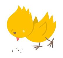 icono de pollito divertido vectorial. ilustración de pájaro pequeño de primavera, pascua o granja. Lindo pollo amarillo picoteando semillas aislado sobre fondo blanco. vector