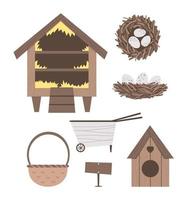 vector linda colección de equipos de granja y jardín. percha, casa de pájaros, carretilla, cesta, nido aislado sobre fondo blanco. paquete de iconos de eclosión y cría de aves.