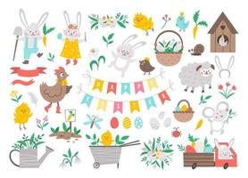 Big collection of design elements for Easter. Vector set with cute bunny, colored eggs, bird, chicks, baskets. Spring funny illustration. Adorable holiday icons collection