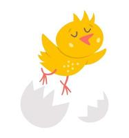 icono de pollito divertido vectorial. ilustración de pájaro pequeño de primavera, pascua o granja. lindo pollo amarillo recién nacido volando fuera de la cáscara de huevo aislado sobre fondo blanco. vector