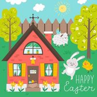 Vector square happy Easter greeting card template with bunny, chick and sheep. Garden scene with cute country house and animals. Spring gardening scenery. Holiday illustration with rabbit