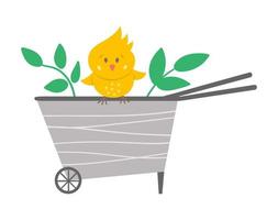 Carretilla de rueda linda vectorial con icono de pollito amarillo aislado en fondo blanco. ilustración de herramienta de jardín de primavera plana. Imagen divertida de equipos de jardinería para niños. vector