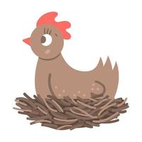 Vector funny hen in nest icon isolated on white background. Spring, Easter or farm funny animal illustration. Cute domestic bird hatching or laying eggs