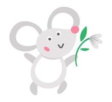 Vector mouse icon. Cute smiling animal with snowdrop isolated on white background. Adorable Easter illustration for kids. Funny spring character with flower.