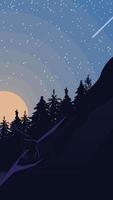 Landscape with starry sky, pine forest in the mountains. Vector illustration