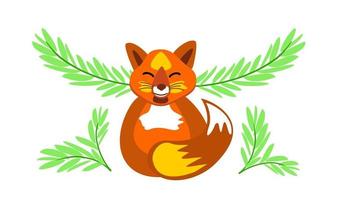 A happy fox sits meditating on the background of branches vector