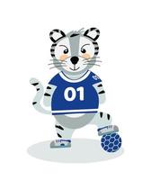 A cheerful striped tiger football player in a sports uniform, the symbol of 2022. Vector illustration isolated on a white background drawn by hand. For printing children's