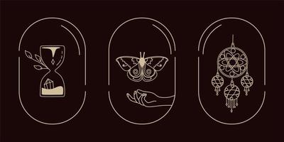 Magical symbols set of doodles esoteric boho mystical hand-drawn elements stone crystals. In gold color on a black background. Magical vector elements