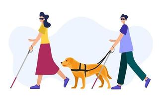 Vector illustration of people with disabilities in a cartoon style. A blind woman and a blind man with a walking stick and a guide dog.