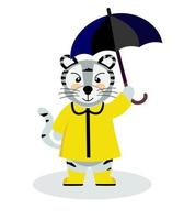 A cheerful striped Bengal tiger in a yellow raincoat in boots with an umbrella, the symbol of 2022. Vector illustration, isolated on a white background, drawn by hand. For printing children's