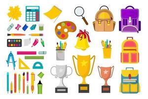 Stationery or School Supplies Set.  Pencils, pens, backpacks, rulers, cups, a calculator, compasses. Vector illustration