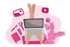 A beauty blogger girl makes a makeup tutorial video while sitting on the floor. Vector illustration in a flat style for use in web design, social networks, websites, blogs.