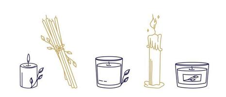 símbolos mágicos un conjunto de velas esotérico boho místico elementos dibujados a mano cristales de piedra. en oro y azul sobre un fondo blanco. elementos vectoriales mágicos vector