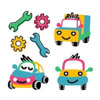 A set of funny cars from 3 pieces. Vector illustration on a white isolated background. For printing souvenirs, postcards and textiles.