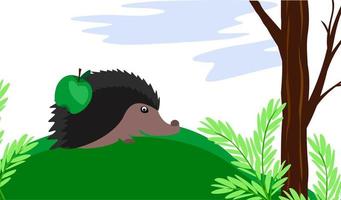 Funny hedgehog with an apple climbs the hill vector