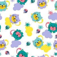 A pattern of funny cats and clouds on a white background. For use in printing, postcards, textiles. Vector illustration.