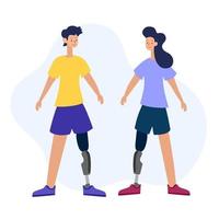 Vector illustration of people with disabilities in a cartoon style. A disabled person with a prosthetic leg. A prosthesis, a disabled person on a white background.