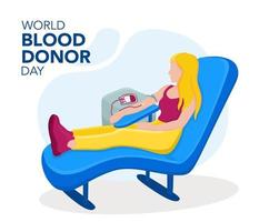 A young girl gives blood plasma in a medical center. World Blood Donor Day. Vector illustration.