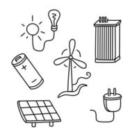 A set of templates for illustrations of energy types, icon design. Alternative energy, renewable energy sources. Doodle style design. vector