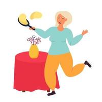 Old people grandma bakes pancakes. Pensioners are athletic. Vector illustration isolated on a white background.