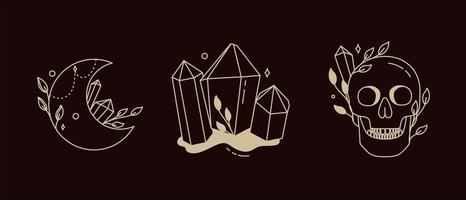 Magical symbols set of doodles esoteric boho mystical hand-drawn elements stone crystals. In gold color on a black background. Magical vector elements