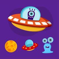 A set on a space theme. UFO, planet, humanoid, alien. Vector illustration in a flat style on a purple background.