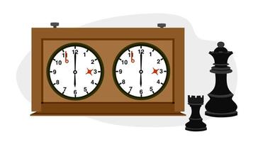 Chess and a watch for playing chess. World Chess Day. Banner for the holiday in the chess style. Vector illustration