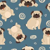 Funny pug  pattern on a blue background, vector illustration in a flat style. For use on printing souvenirs, postcards and textiles.