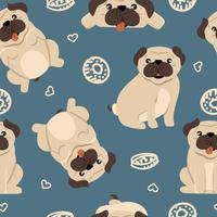 patrón de pug divertido sobre un fondo azul, ilustración vectorial en un estilo plano. para su uso en la impresión de souvenirs, postales y textiles. vector