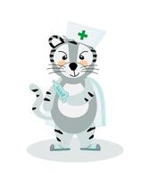 A cheerful striped Bengal tiger doctor in a medical uniform with a shot and a vaccine, the symbol of the year 2022. Vector illustration, isolated on a white background, drawn by hand.