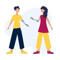 Vector illustration of people with disabilities in a cartoon style. A disabled person with a prosthetic arm. A prosthesis, a disabled person on a white background.