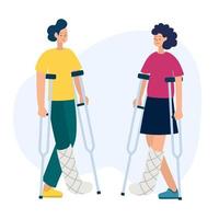 Vector illustration of people with disabilities in a cartoon style. A disabled person with a cast and a crunch on a white background.