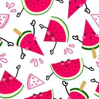 A pattern with cheerful watermelons on a white background. National Watermelon Day. Use for a postcard, background, application on a fabric or souvenir products. vector