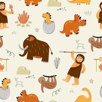 Seamless pattern with funny dinosaurs on a beige background with stones and plants. Stone Age, mammoths, sloths, homo sapiens. Use for textiles, packaging paper, posters, backgrounds vector