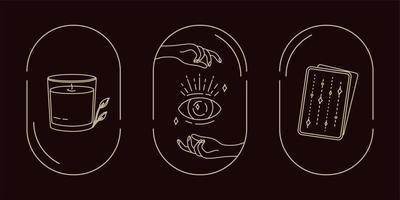 Magical symbols set of doodles esoteric boho mystical hand-drawn elements stone crystals. In gold color on a black background. Magical vector elements