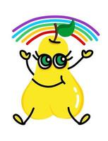 Cartoon cute kind yellow illustration of a pear with beautiful eyes rejoices in a rainbow. For a set of stickers, children's events, recreation, leisure. vector