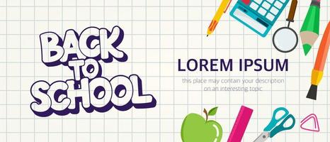 A banner on a school theme on a notebook sheet in a cage. The inscription back to school, a place for your text. Vector illustration.
