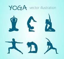 ilustración vectorial de siluetas de chicas haciendo yoga en diferentes poses. estilo de vida saludable, estiramiento, meditación. vector