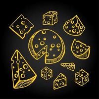 Vector illustration of a set of different pieces of cheese drawn by hand on a black background.