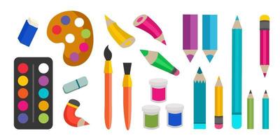 Stationery or School Supplies Set.  Pencils, pens, backpacks, rulers, cups, a calculator, compasses. Vector illustration