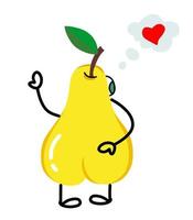 Pear is a funny view from the back with arms and legs. Vector illustration in a flat style. It can be used for websites, mobile apps, stickers, prints on clothing and fabric.