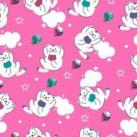 A pattern of funny cats and balls of yarn on a pink background. For use in printing, postcards, textiles. Vector illustration.