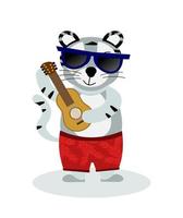 A cheerful striped Bengal tiger in glasses and beach clothes with a guitar, the symbol of 2022. Vector illustration, isolated on a white background, drawn by hand. For printing children's